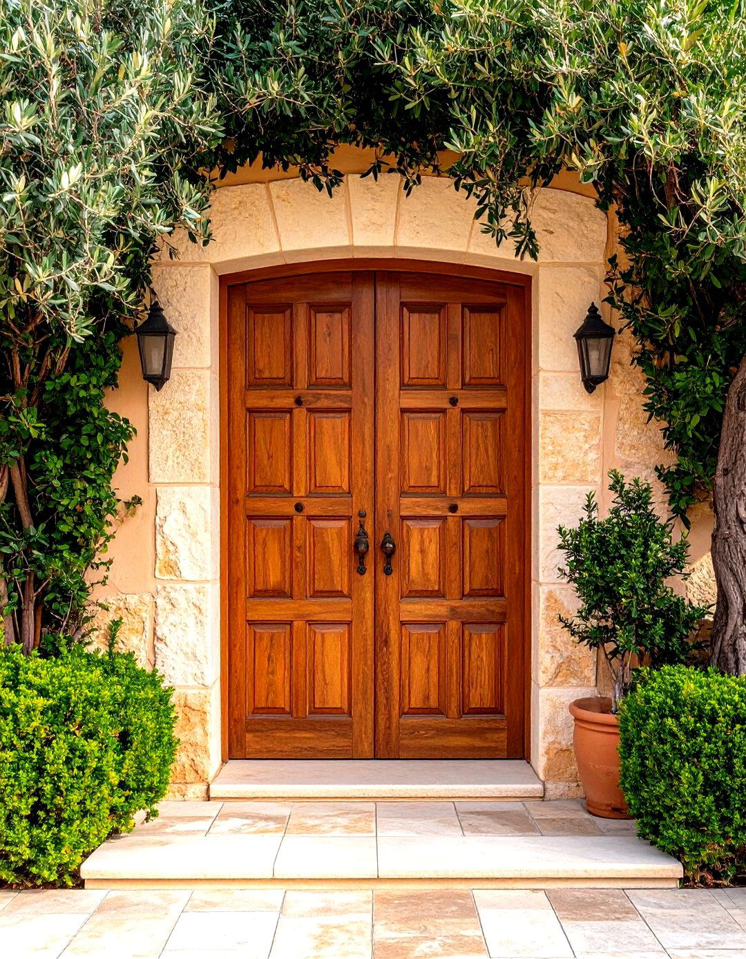 Vintage Olive Wood Mediterranean Front Door with Patina Hardware - 20 Mediterranean Front Door Ideas