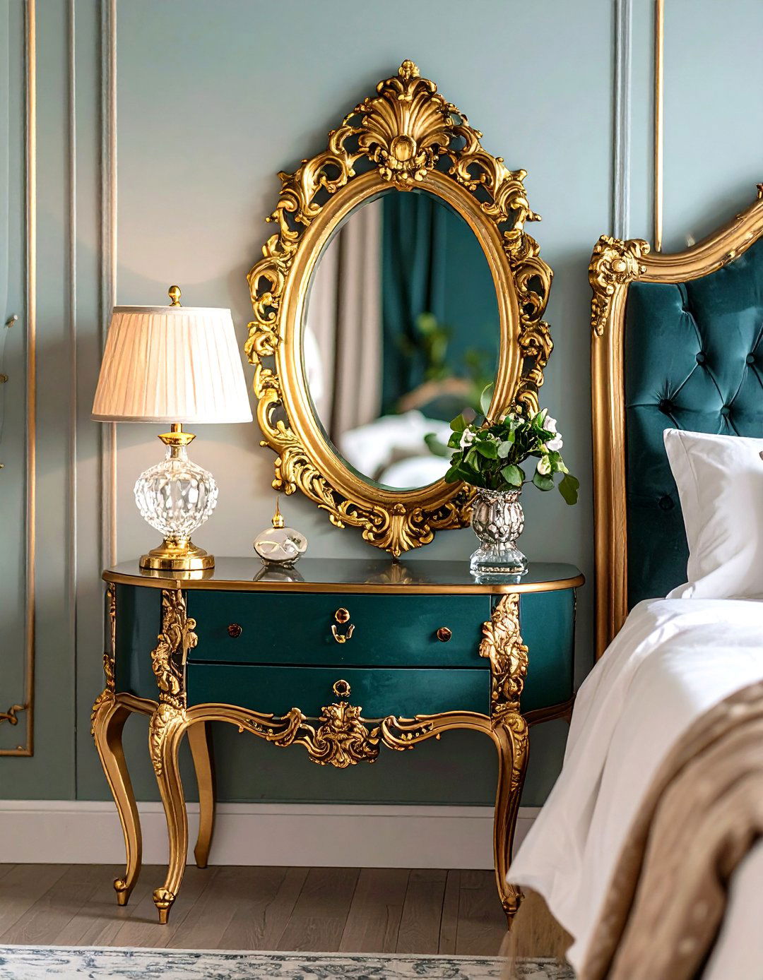 Vintage Ornate Gold Mirror Behind Nightstand Theme - 20 Mirror Behind Nightstand Design Ideas