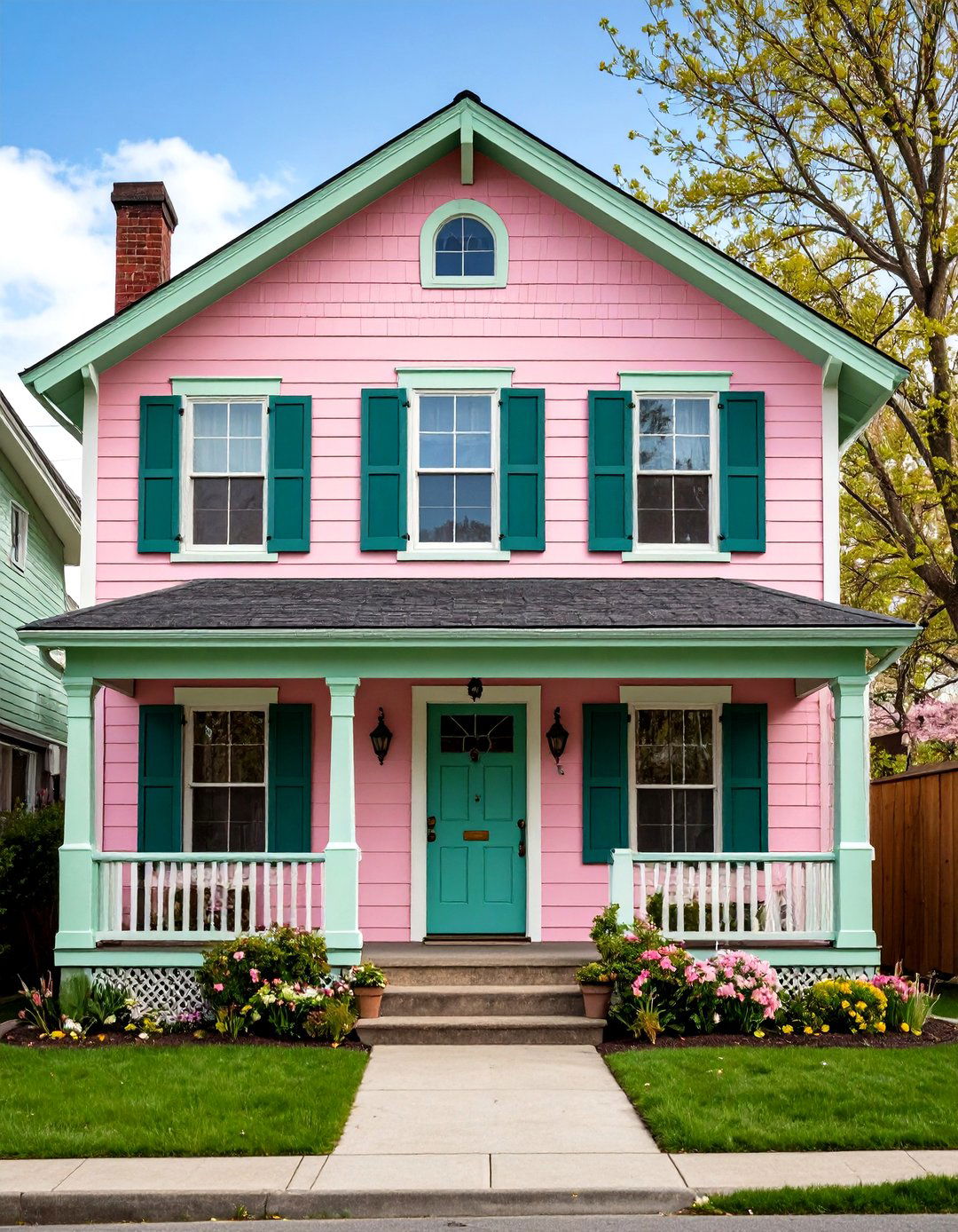Vintage Pink House Exterior with Mint Green Trim - 20 Pink House Exterior Ideas