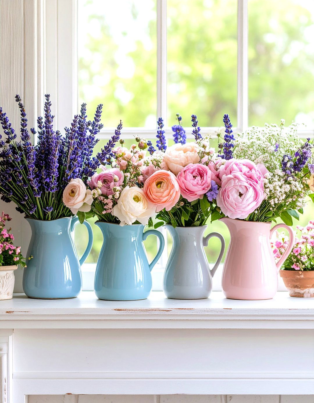 Vintage Pitchers with Blooms - 20 Spring Mantel Decor Ideas