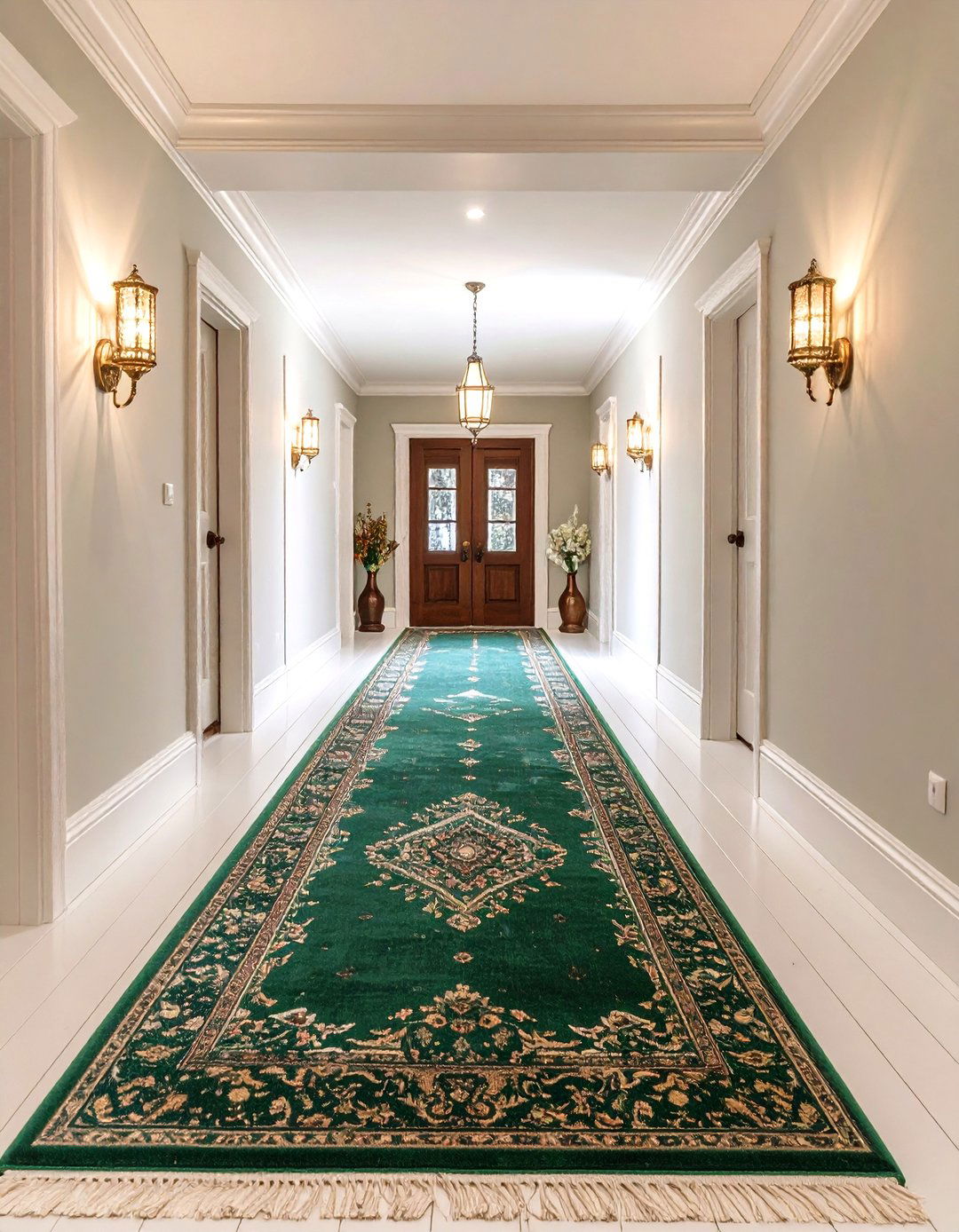 Vintage Rug Layered Green Hallway - 20 Green Hallway Ideas