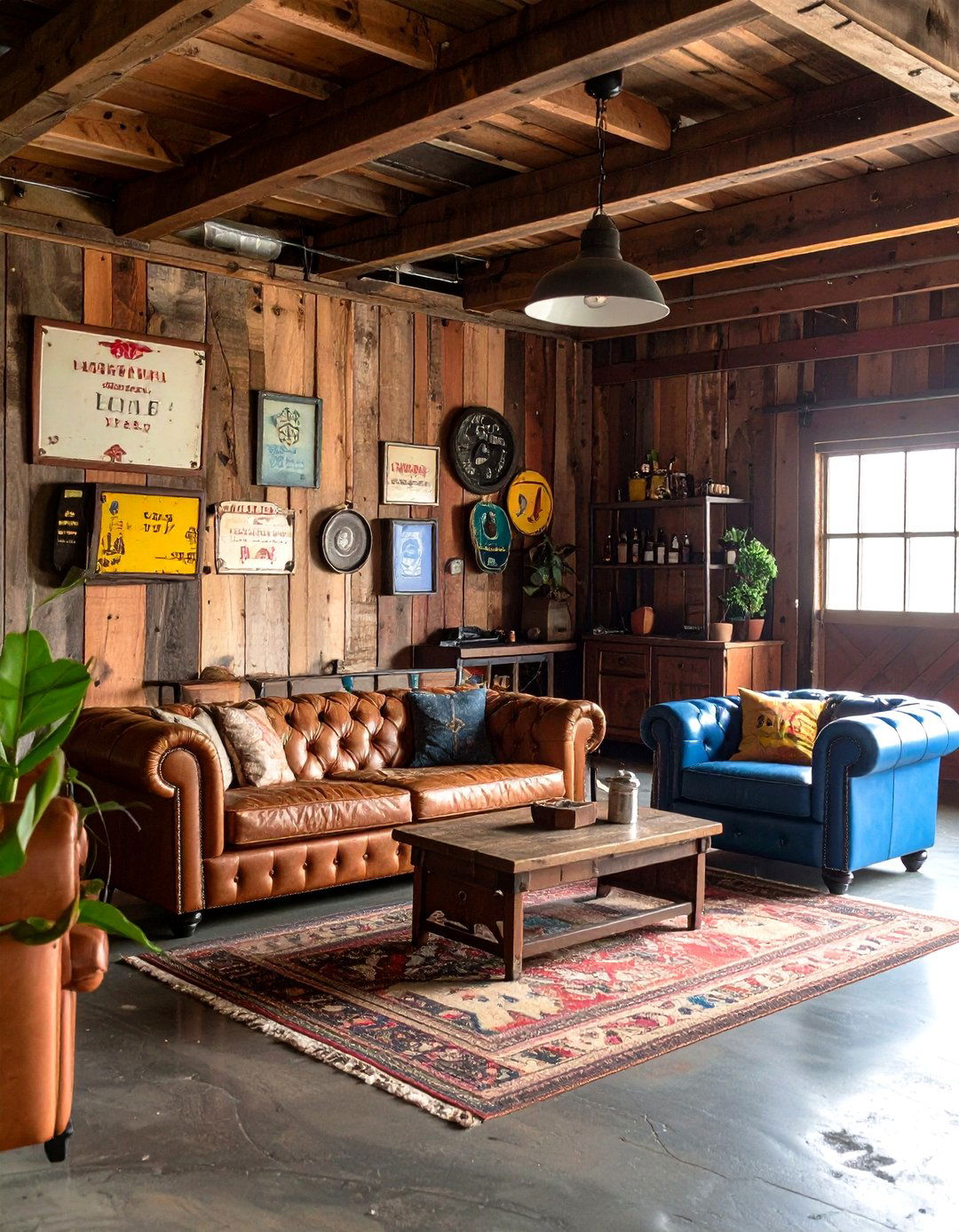 Vintage Signage Display in a Rustic Garage Lounge - 20 Rustic Garage Ideas