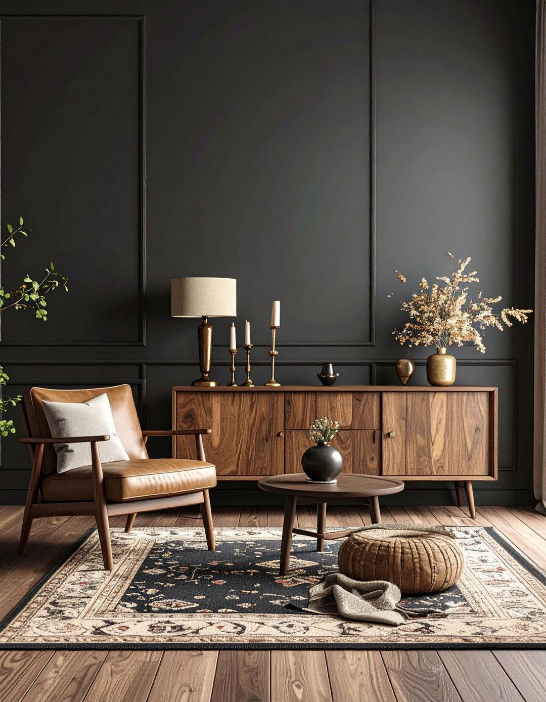 Vintage Touches Warm a Modern Black Living Room - 20 Black Living Room Ideas