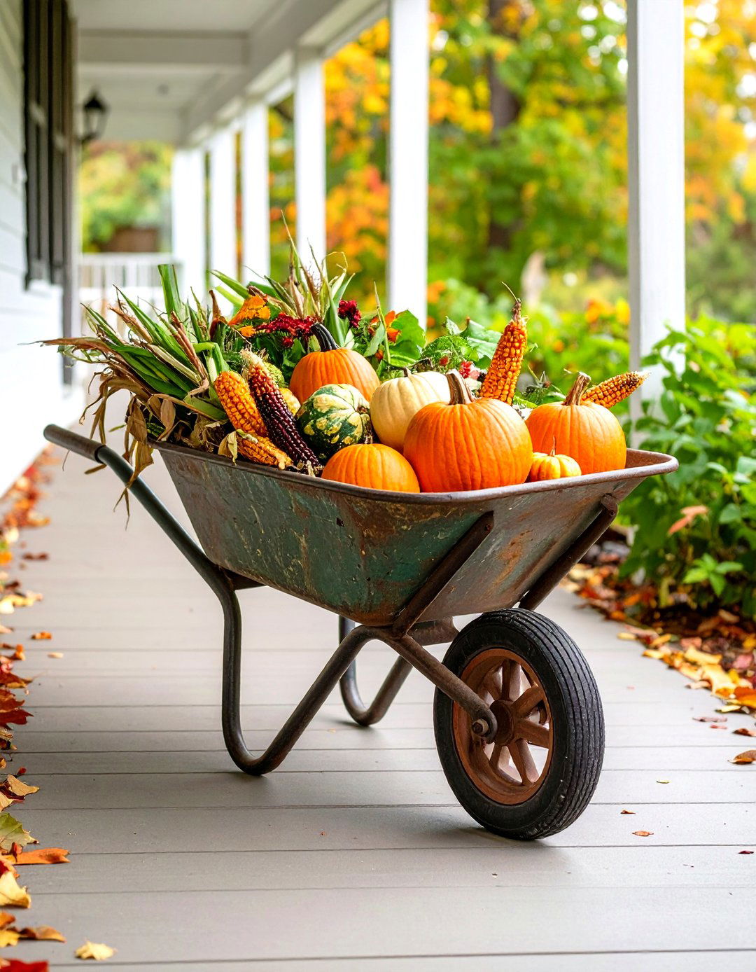 Vintage Wheelbarrow Fall Porch Garden Display - 20 Fall Porch Decor Ideas
