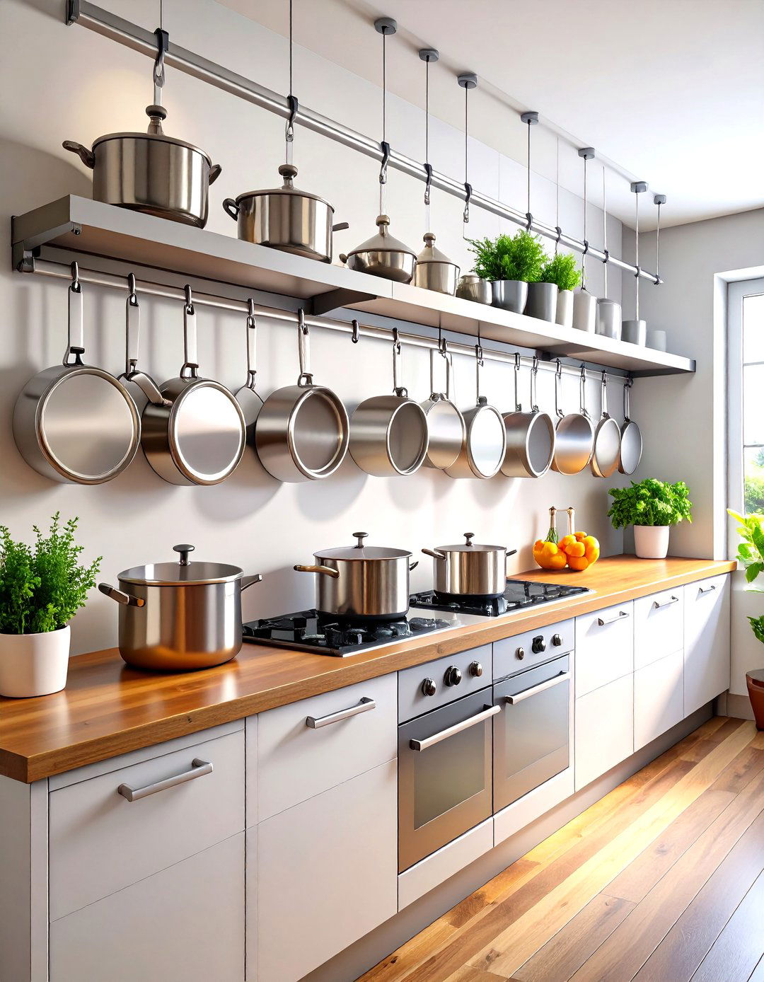Wall Mounted Linear Pots and Pans Storage System - 20 Pots and Pans Storage Ideas