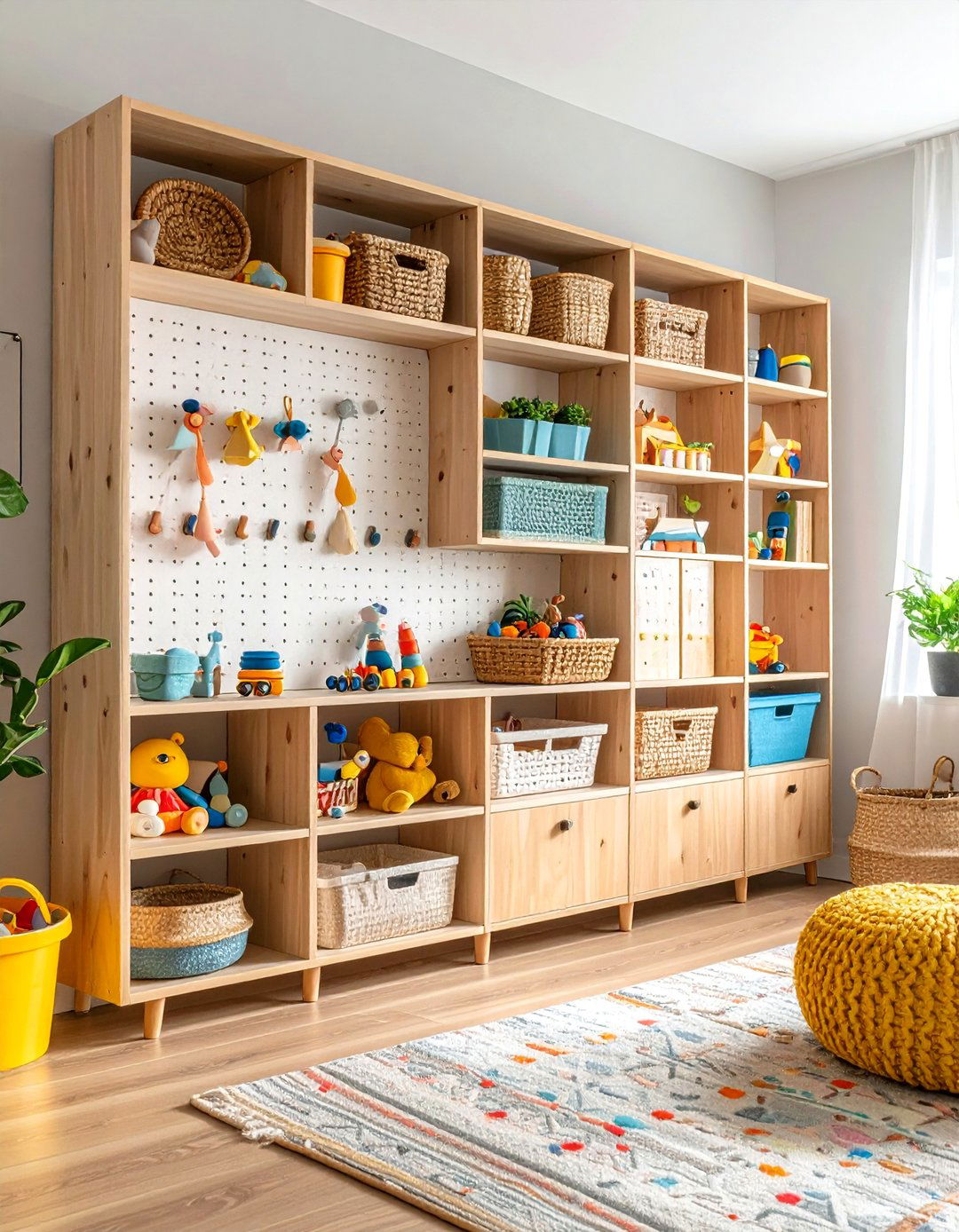 Wall Mounted Living Room Toy Storage Pegboard System - 20 Living Room Toy Storage Ideas