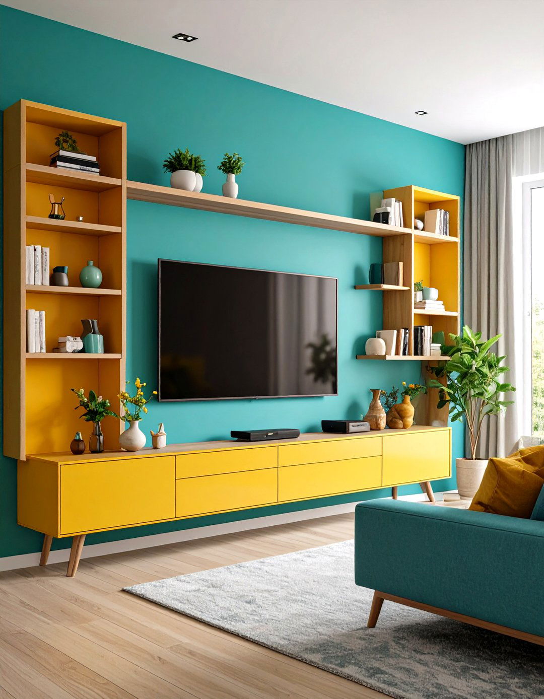 Wall Mounted TV with Floating Shelves - 20 Small Living Room Ideas With Tv