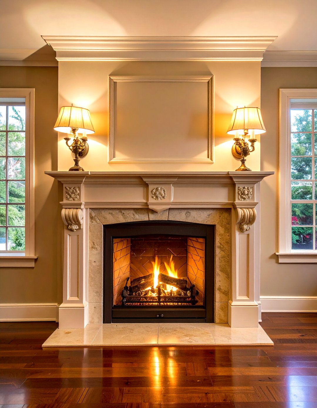 Wall Sconces Flanking the Fire Create Symmetry - 20 Fireplace Mantel Lighting Ideas