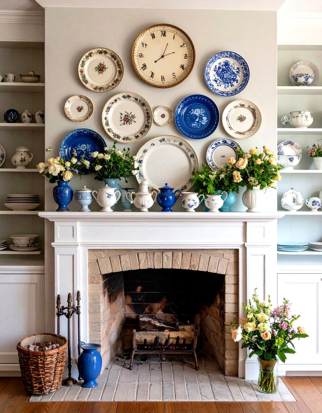 Wall of Plates Above the Mantel - 20 French Country Fireplace Ideas