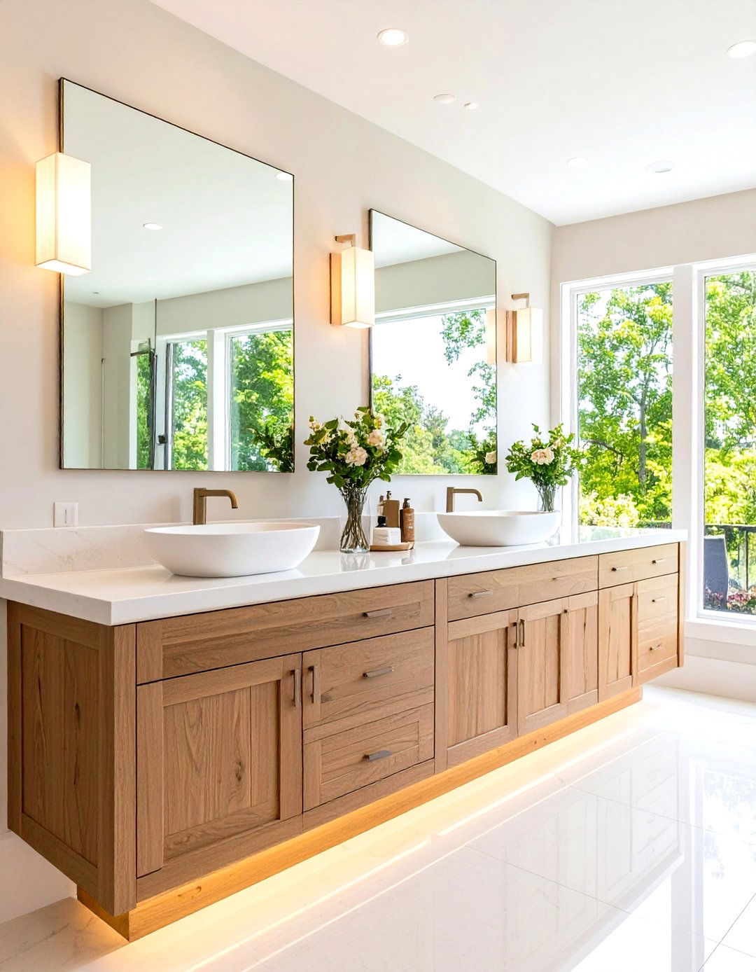 Wall to Wall Double Vanity Creating Hotel Style Span - 20 Double Vanity Bathroom Ideas