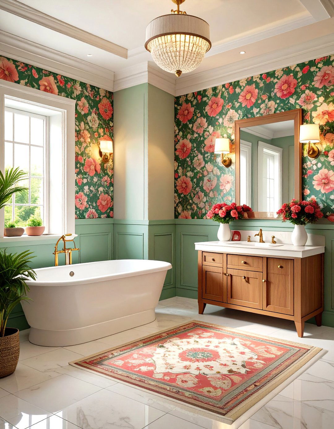 Wallpaper Above Wainscoting for Patterned Pop - 20 Powder Room Wainscoting Ideas