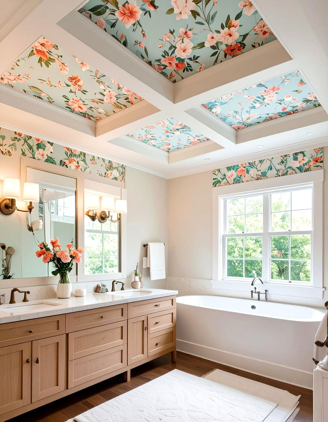 Wallpapered Coffered Ceiling Panel Inserts - 20 Coffered Ceiling Ideas