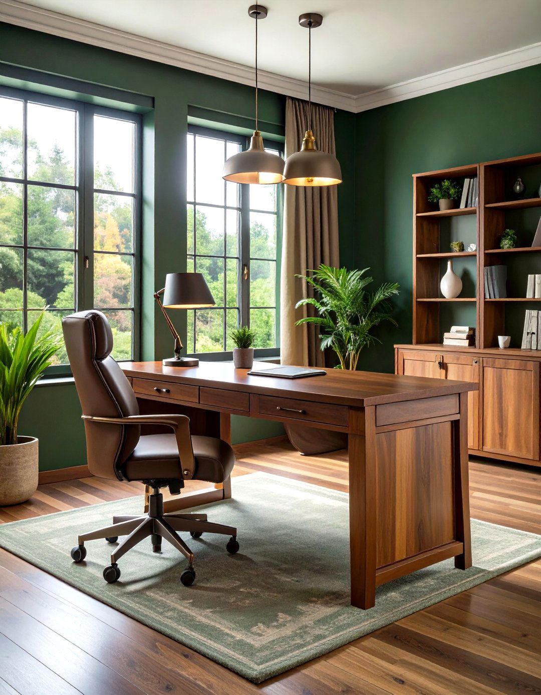 Walnut Desk Harmony in a Dark Green Home Office - 20 Dark Green Home Office Ideas