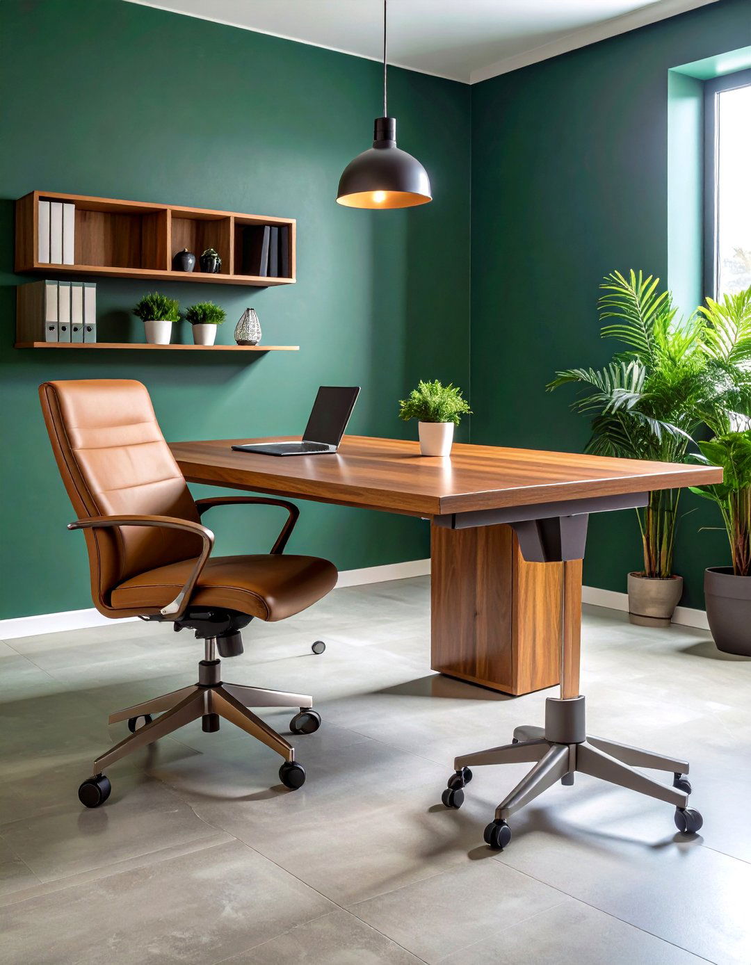 Walnut and Green Floating Desk Saves Floor Space - 20 Dark Green Home Office Ideas