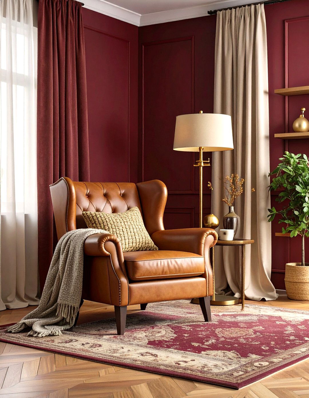 Warm Color Palette Reading Nook with Burgundy and Golden Brass - 20 Warm Color Palettes for Every Room in the House