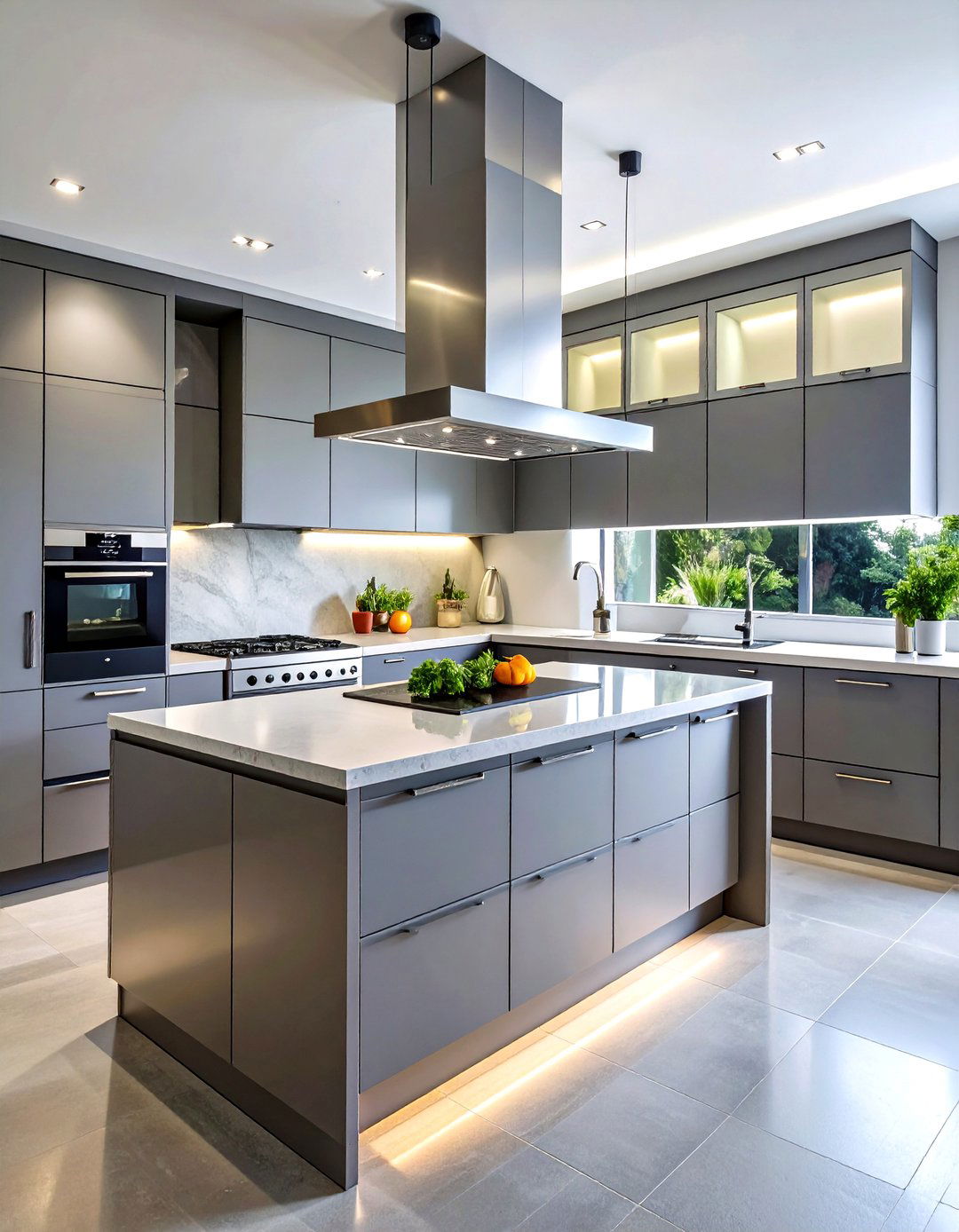 Warm Grey Cabinet Kitchen with Frosted Glass Uppers - 20 Grey and White Kitchen Designs