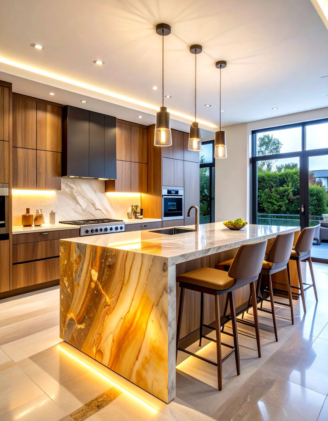 Warm Honey Onyx Waterfall Kitchen Island with Translucent Beauty - 20 Waterfall Kitchen Island Ideas