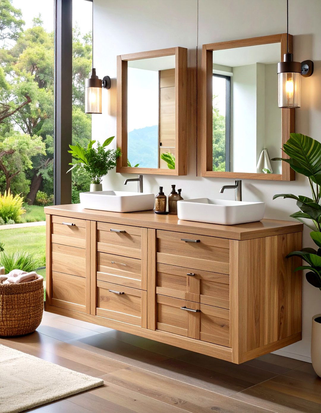 Warm Natural Wood Floating Vanity Adds Organic Calm - 20 Floating Vanity Bathroom Ideas
