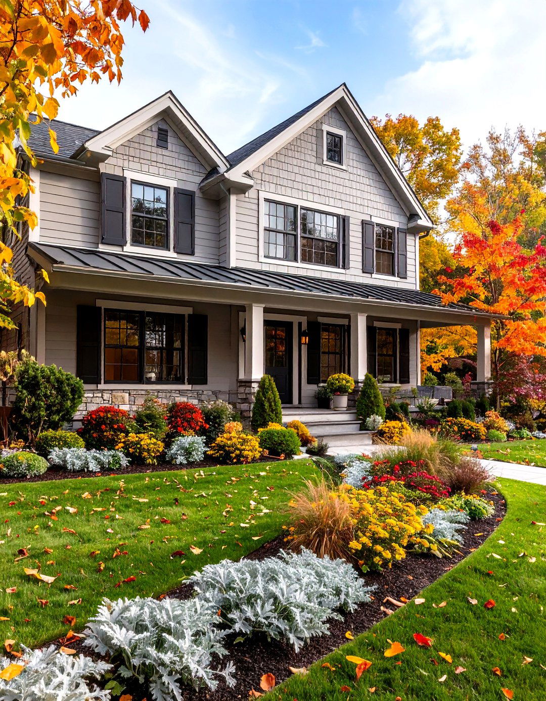 Warm Pewter Board and Batten plus Black Shutters - 20 Grey House With Black Trim