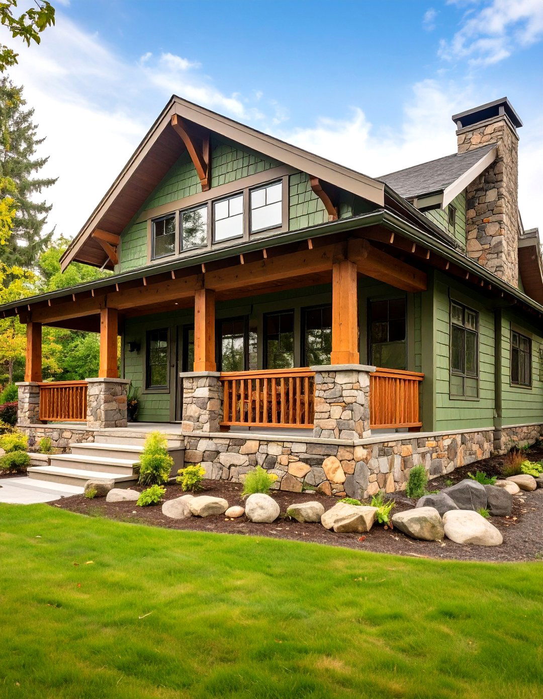 Warm Sage Green Siding with Natural Stone Elements - 20 Exterior House Color Schemes With Sage Green Siding