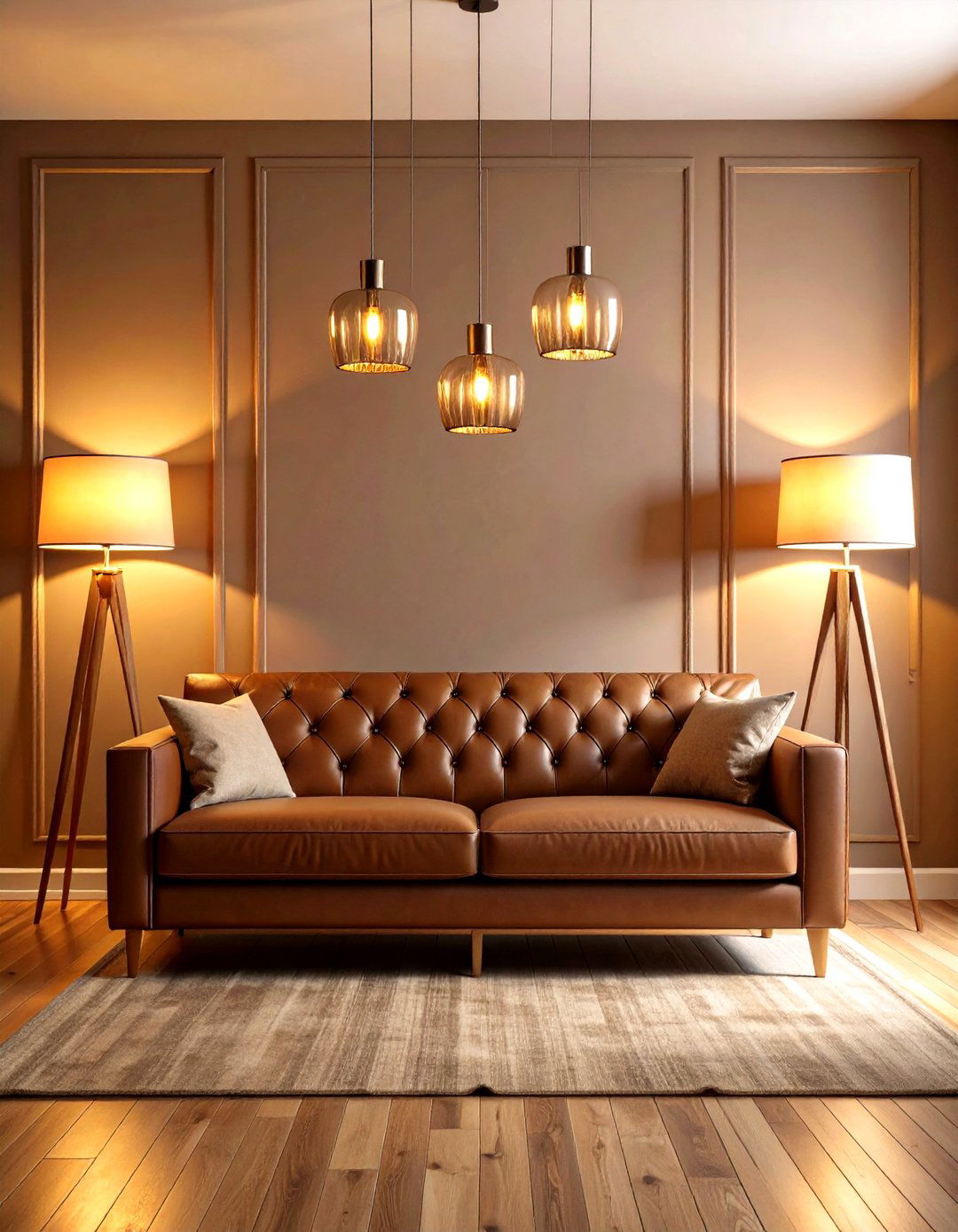 Warm Statement Lighting - 20 Dark Brown Couch Living Room Ideas