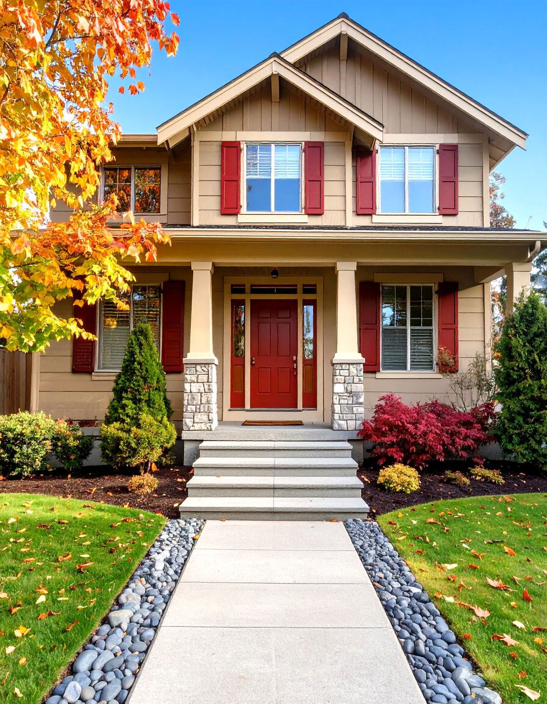 Warm Taupe with Rusty Red Earth Tone Accents - 20 Exterior Taupe House Color Combinations