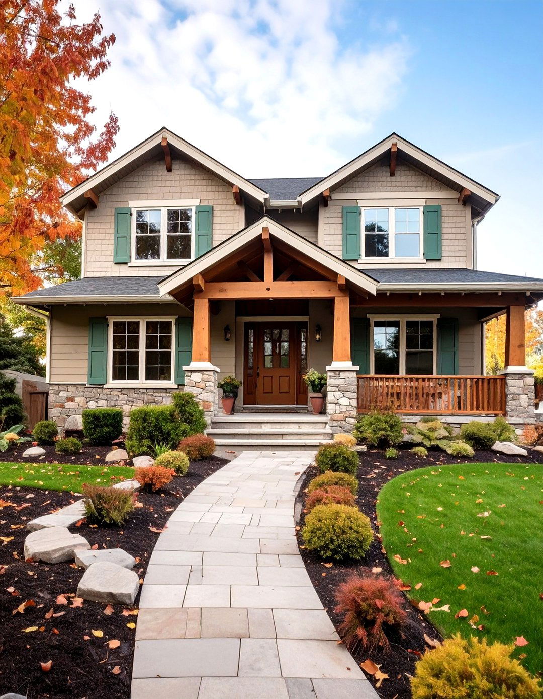 Warm Taupe with Sage Green Accents - 20 Exterior Taupe House Color Combinations