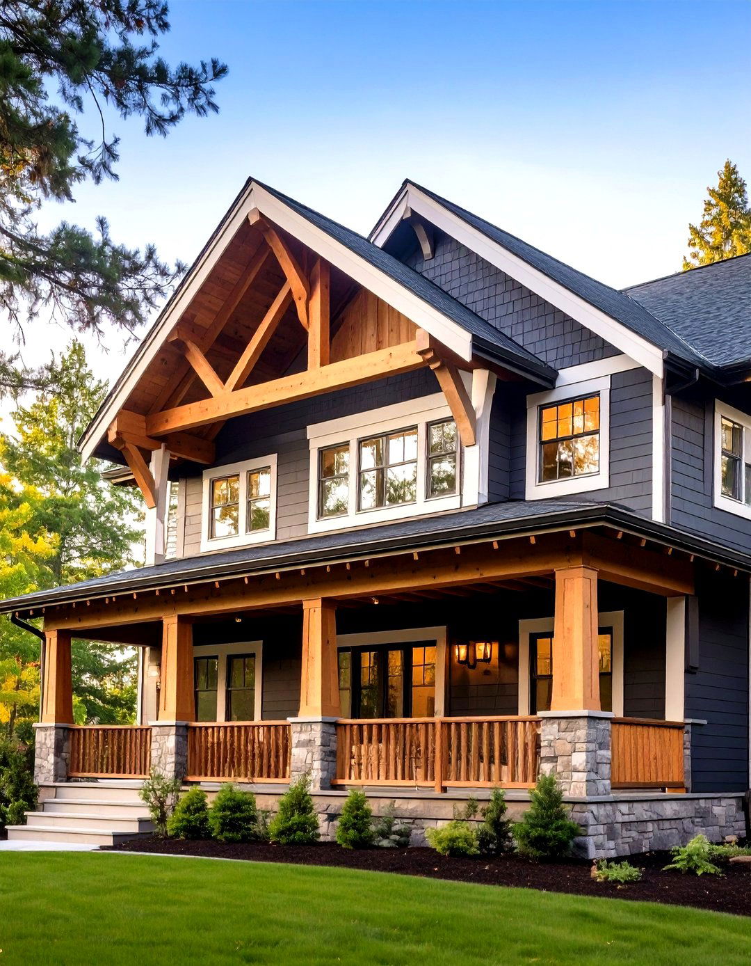 Warm Timber Accents Soften a Midnight Facade - 20 Black Modern Farmhouse Exterior Design Ideas