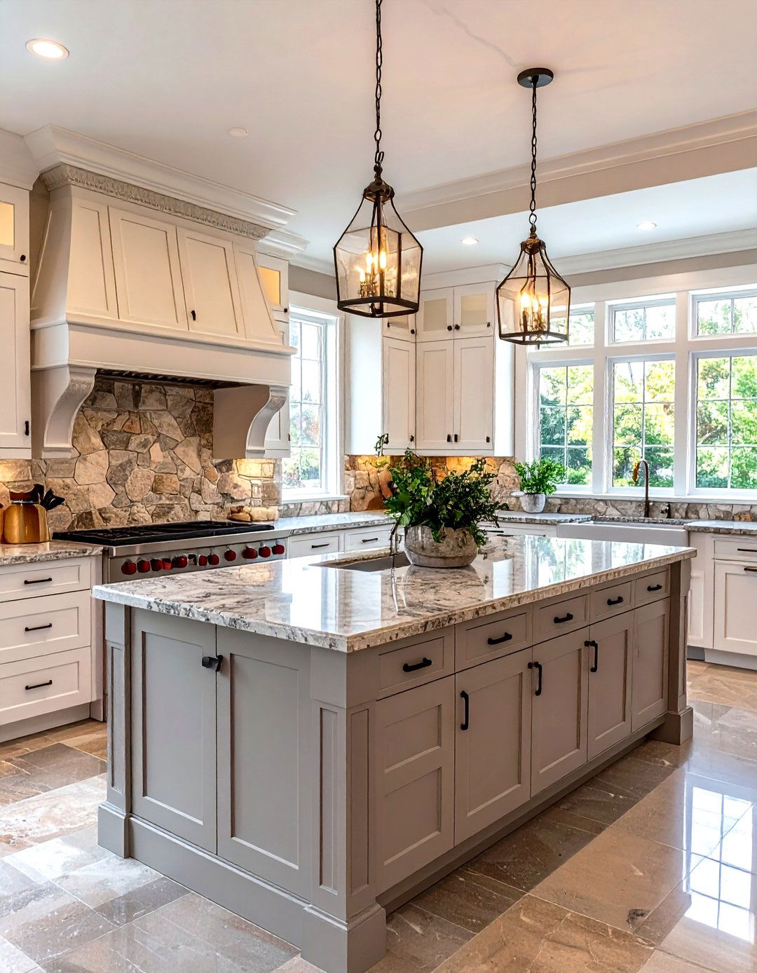 Warm Traditional White Kitchen Cabinets with Grey Island and Natural Stone - 20 White Kitchen Cabinets With Grey Island Ideas