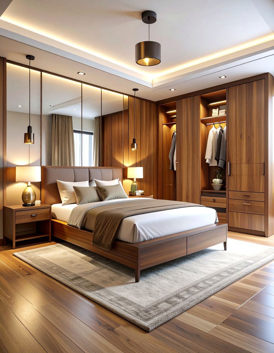Warm Walnut Wraparound - 20 Built-in Wardrobe Ideas Around a Bed