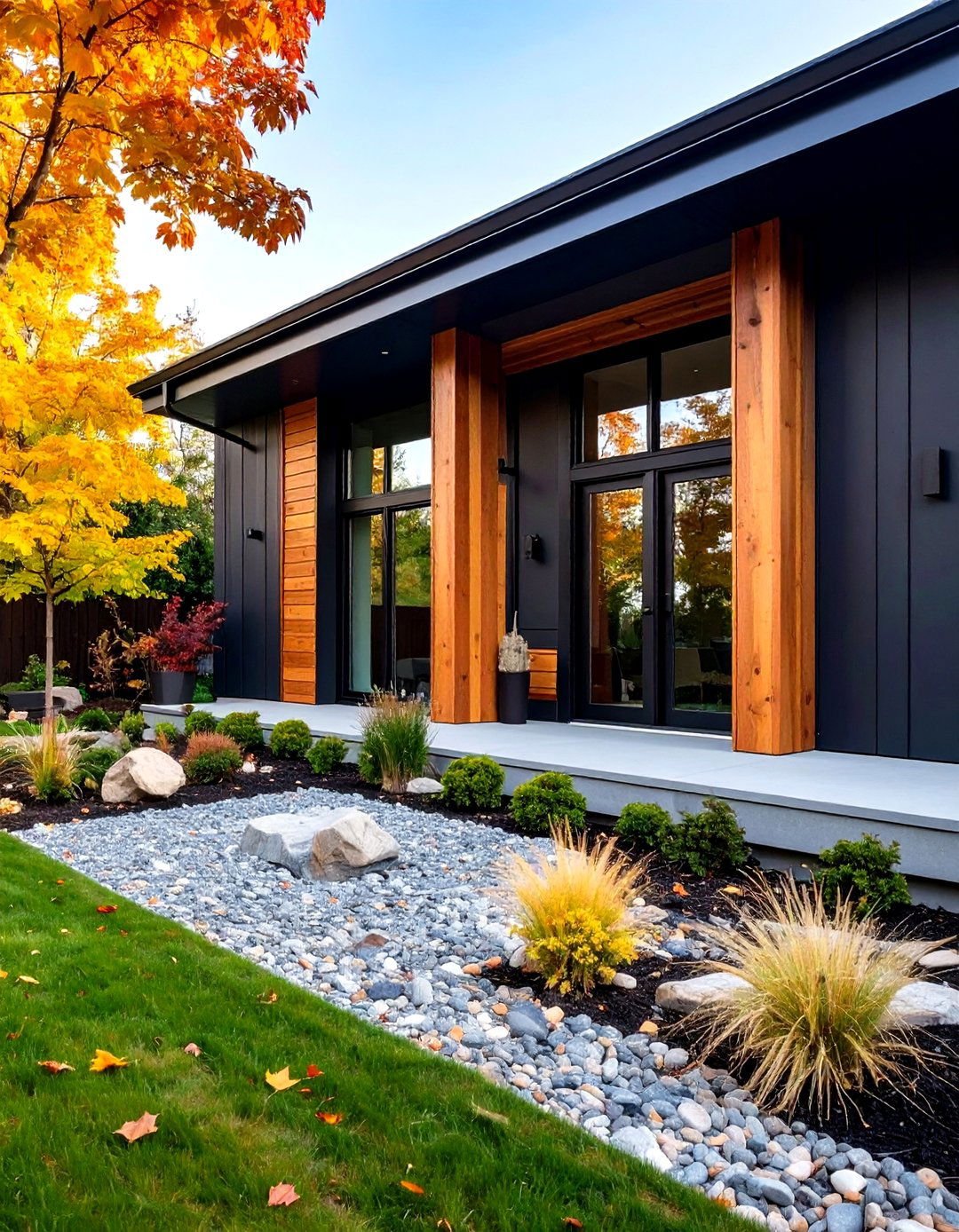 Warm Wood Accents Soften a Black House Exterior - 20 Black House Exteriors & Paint Colors