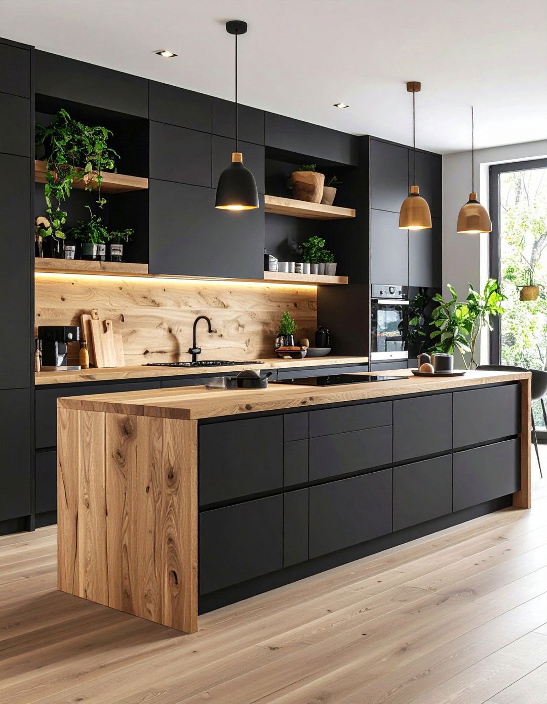 Warm Wood Accents Temper the Darkness - 20 Black Kitchen Cabinet Ideas