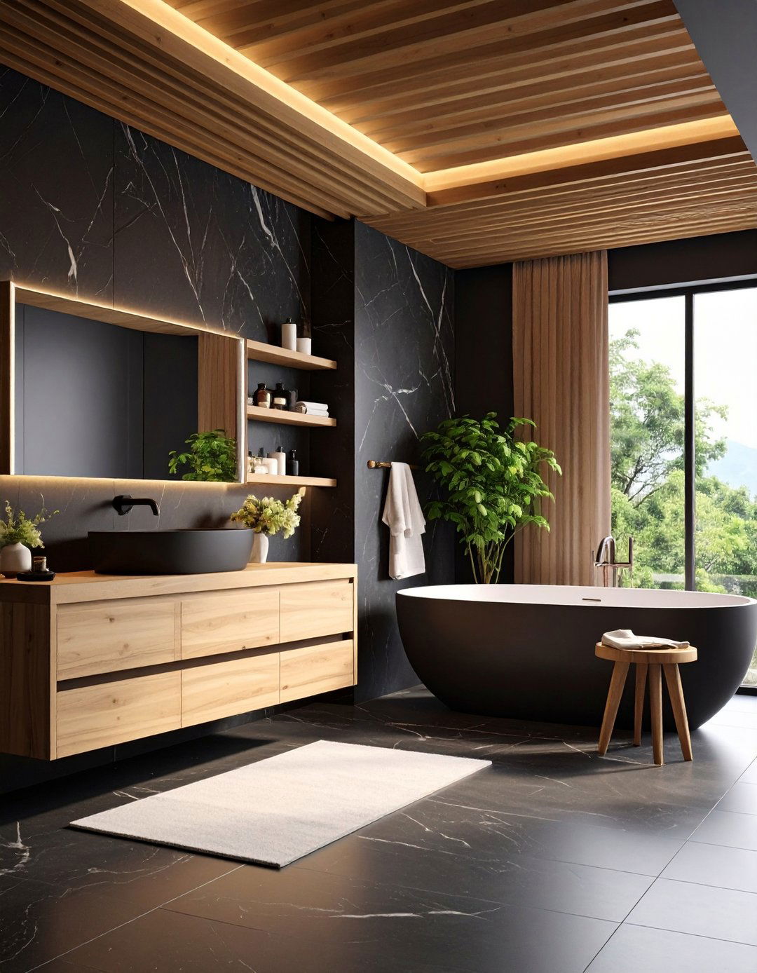 Warm Wood Accents for Timeless Contrast - 20 Black Marble Bathrooms