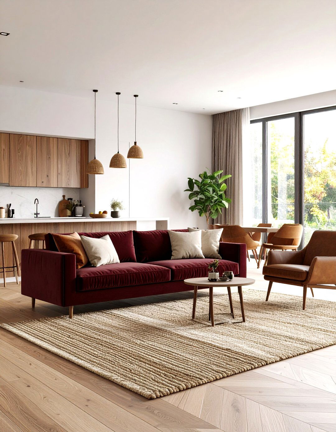 Warm Wood Open Concept Harmony - 20 Burgundy Sofa Living Room Ideas