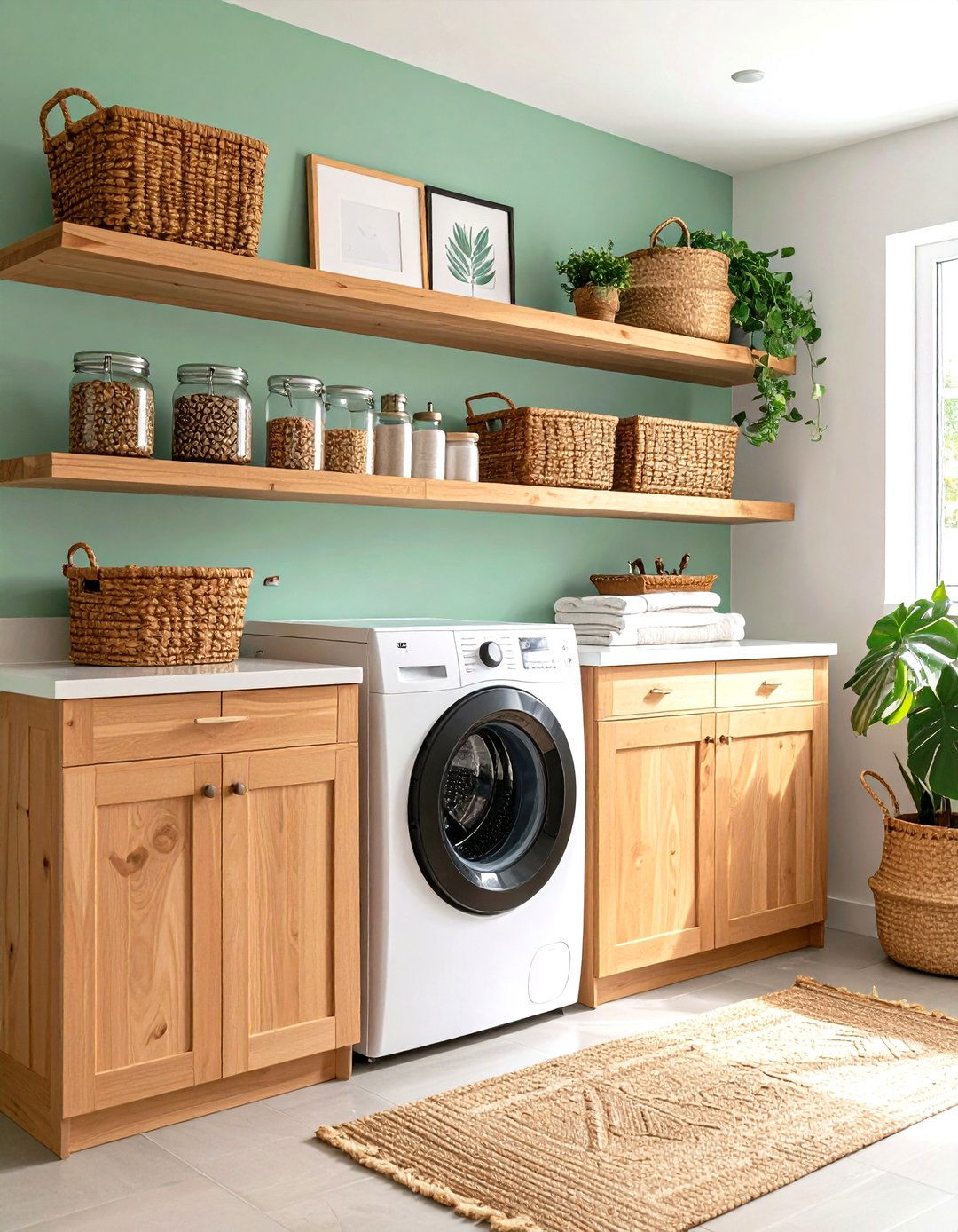 Warm Wood Open Shelving Keeps Essentials Handy - 20 Boho Laundry Room Ideas