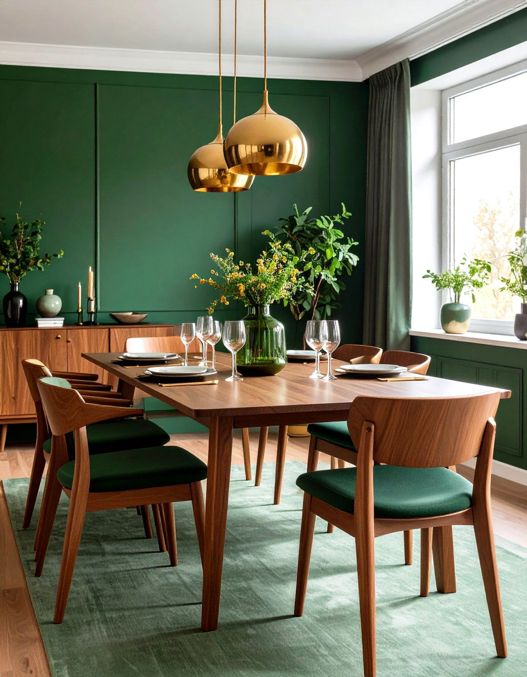 Warm Wood Pairings in a Transitional Green Dining Room - 20 Green Dining Room Ideas