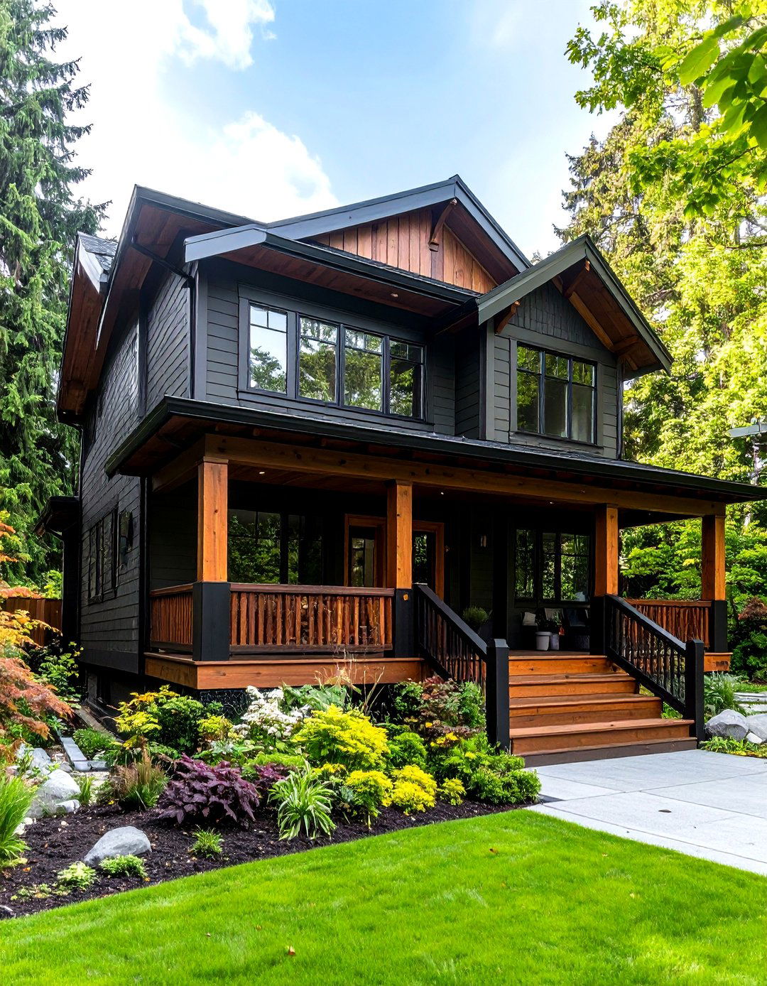 Warm Wood Porch Offsetting a Dark Olive Green House - 20 Dark Olive Green House With Black Trim