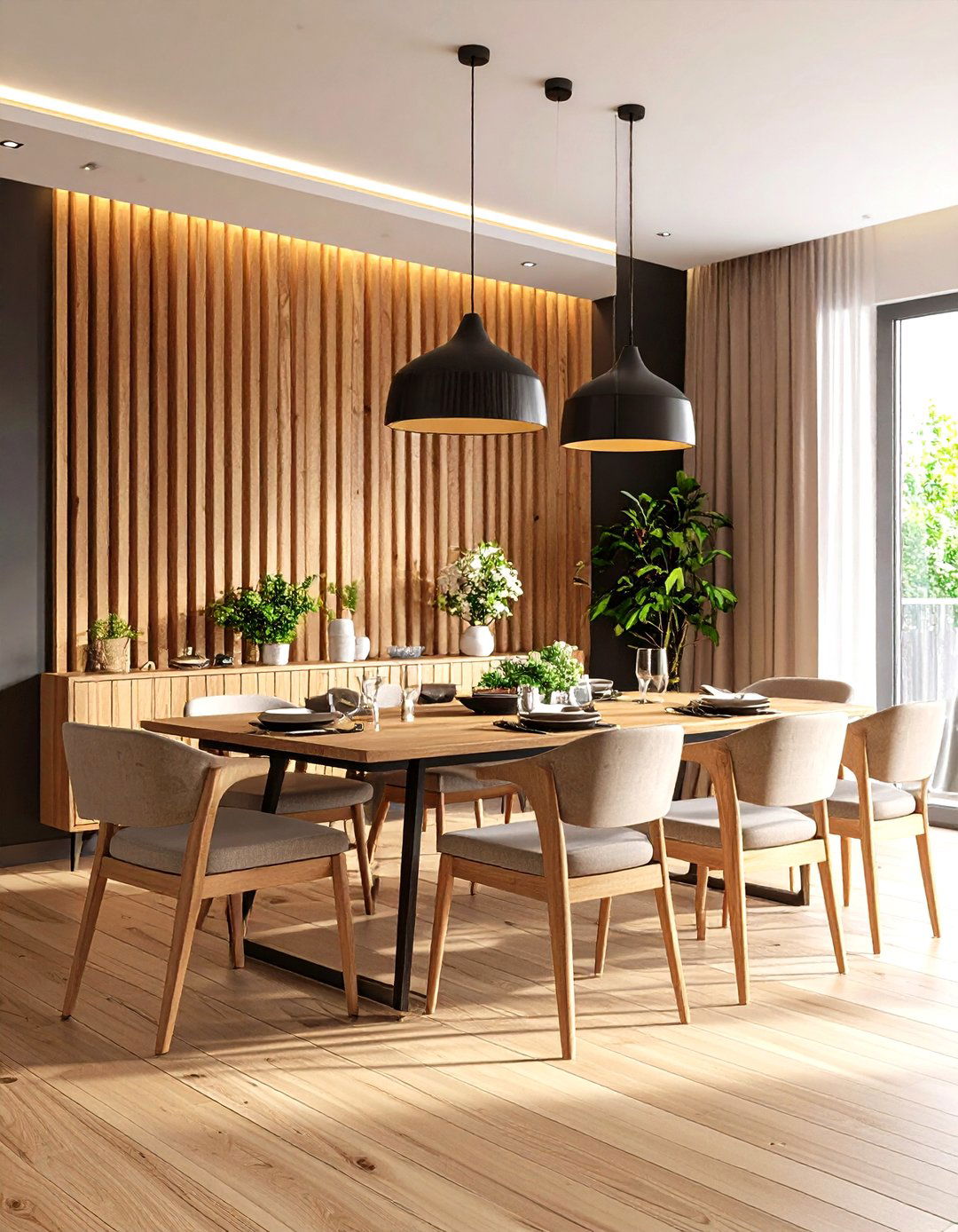 Warm Wood Slat Accent Wall - 20 Dining Room Accent Wall Ideas