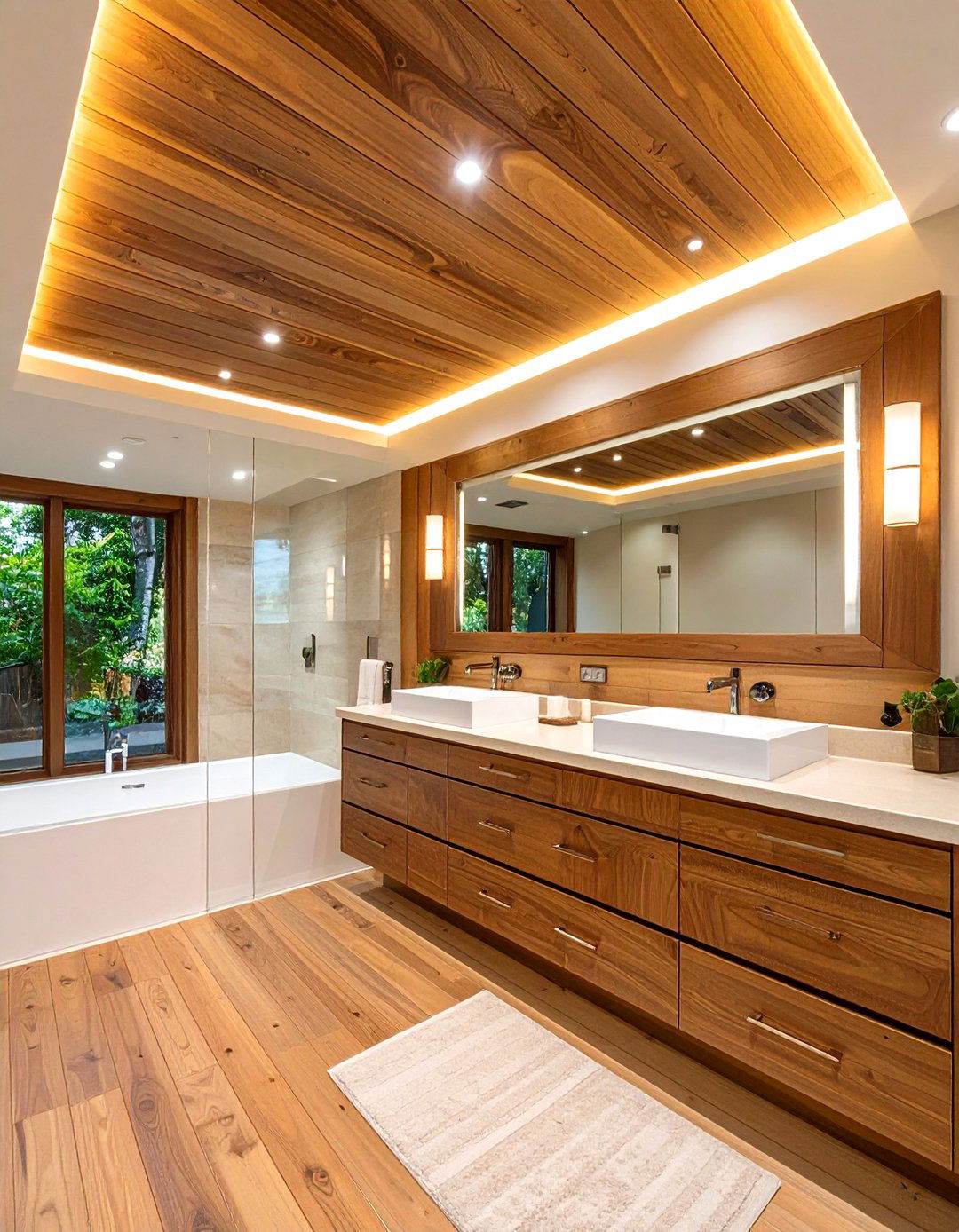 Warm Wood Slat Bathroom Ceiling for Spa Ambience - 20 Bathroom Ceiling Ideas
