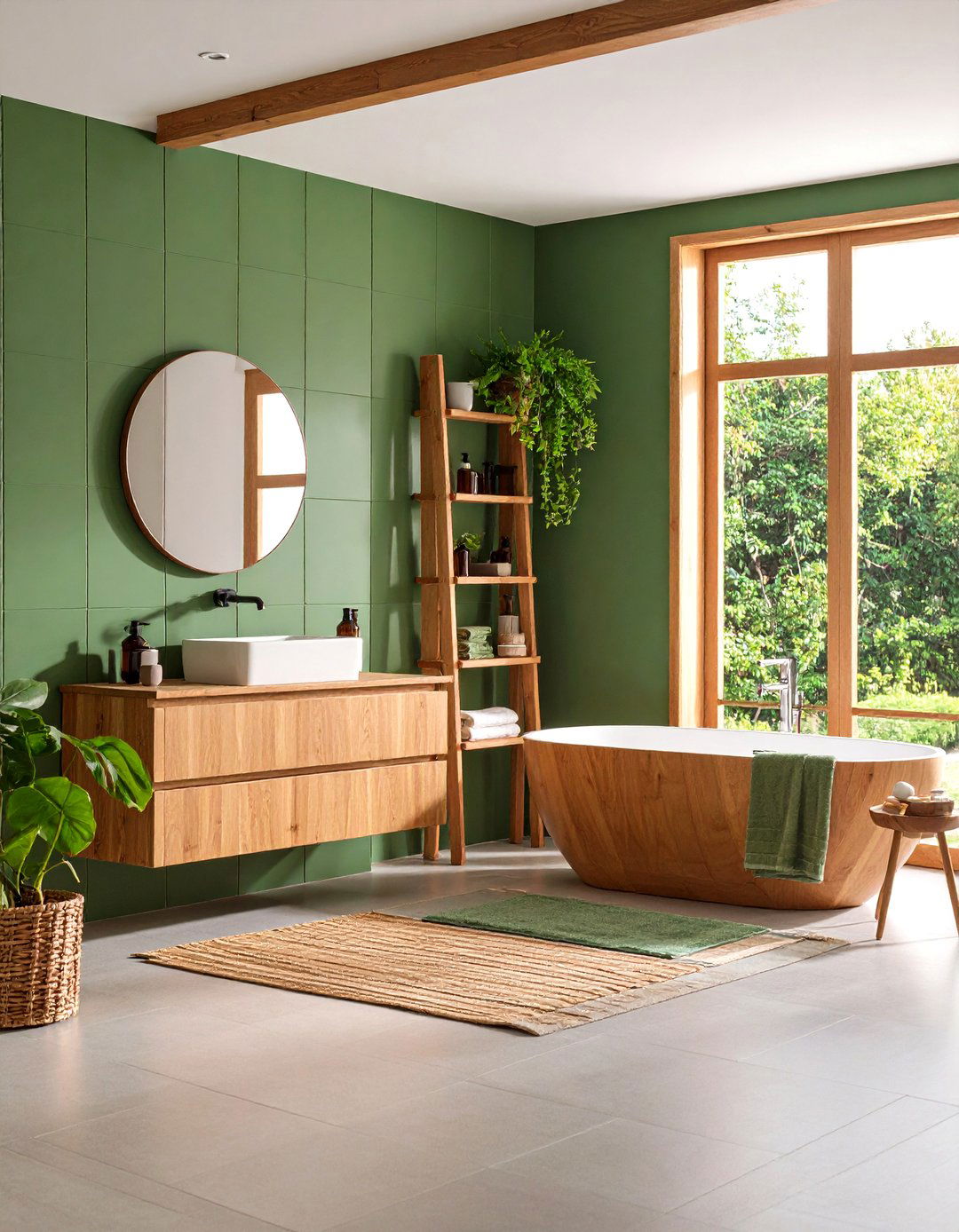 Warm Wood and Green Contrast - 20 Small Green Bathroom Ideas