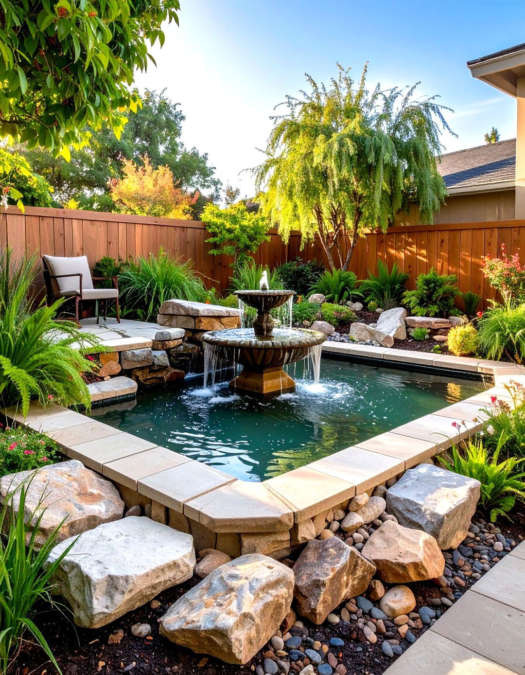 Water Feature Corner Garden with Fountain Elements - 20 Corner Garden Ideas
