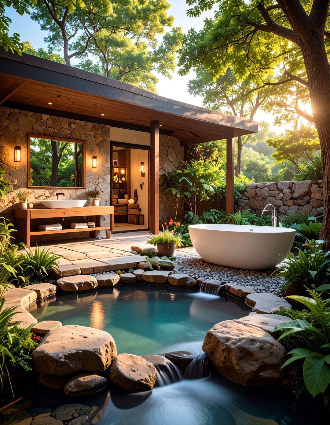 Water Feature Fusion - 20 Rustic Outdoor Bathroom Ideas