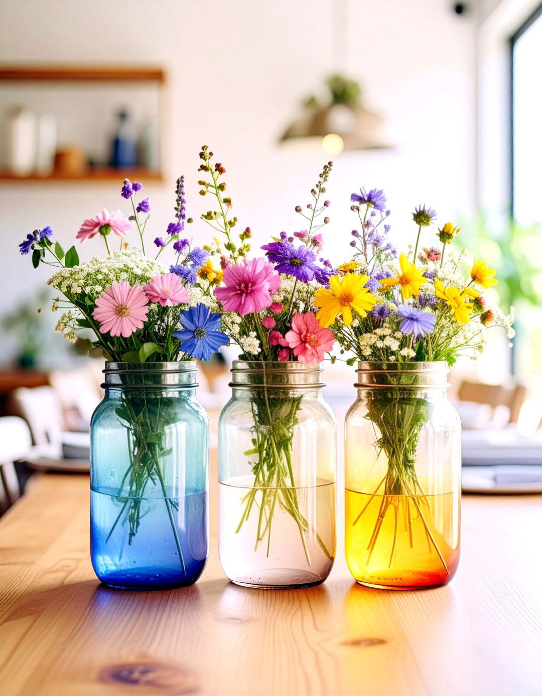 Watercolor Dip Dyed Wildflower Mason Jar Trio - 20 Mason Jar Wedding Centerpieces