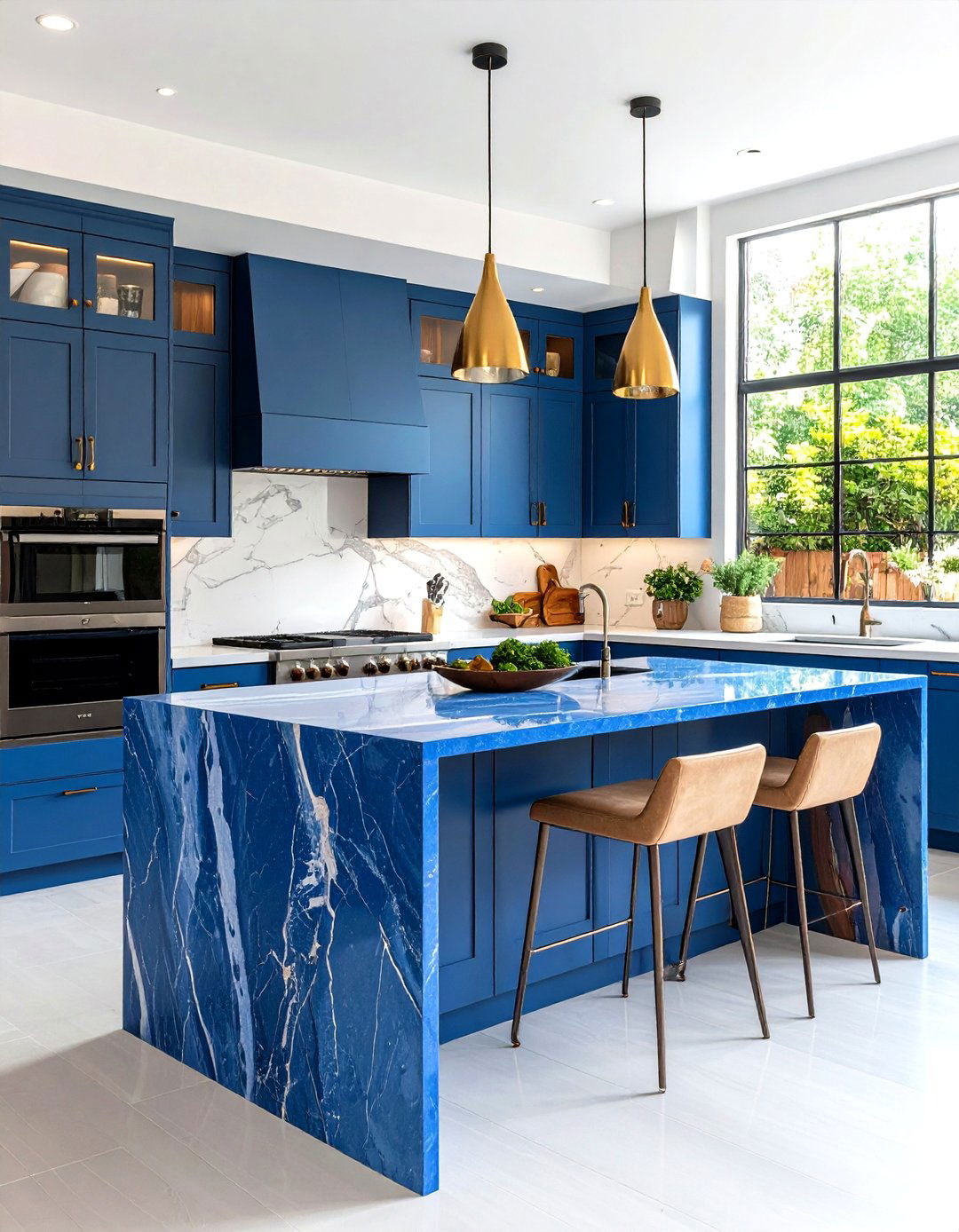 Waterfall Blue Kitchen Island with Mixed Materials - 20 Blue Kitchen Island Ideas