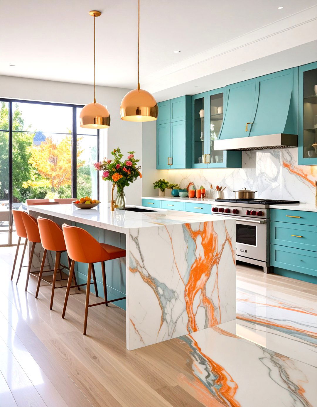 Waterfall Continuity Marble Kitchen Floor - 20 Marble Kitchen Floor Ideas