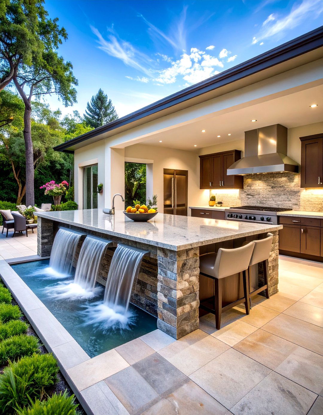 Waterfall Countertop Outdoor Kitchen Island - 20 Outdoor Kitchen Island Ideas