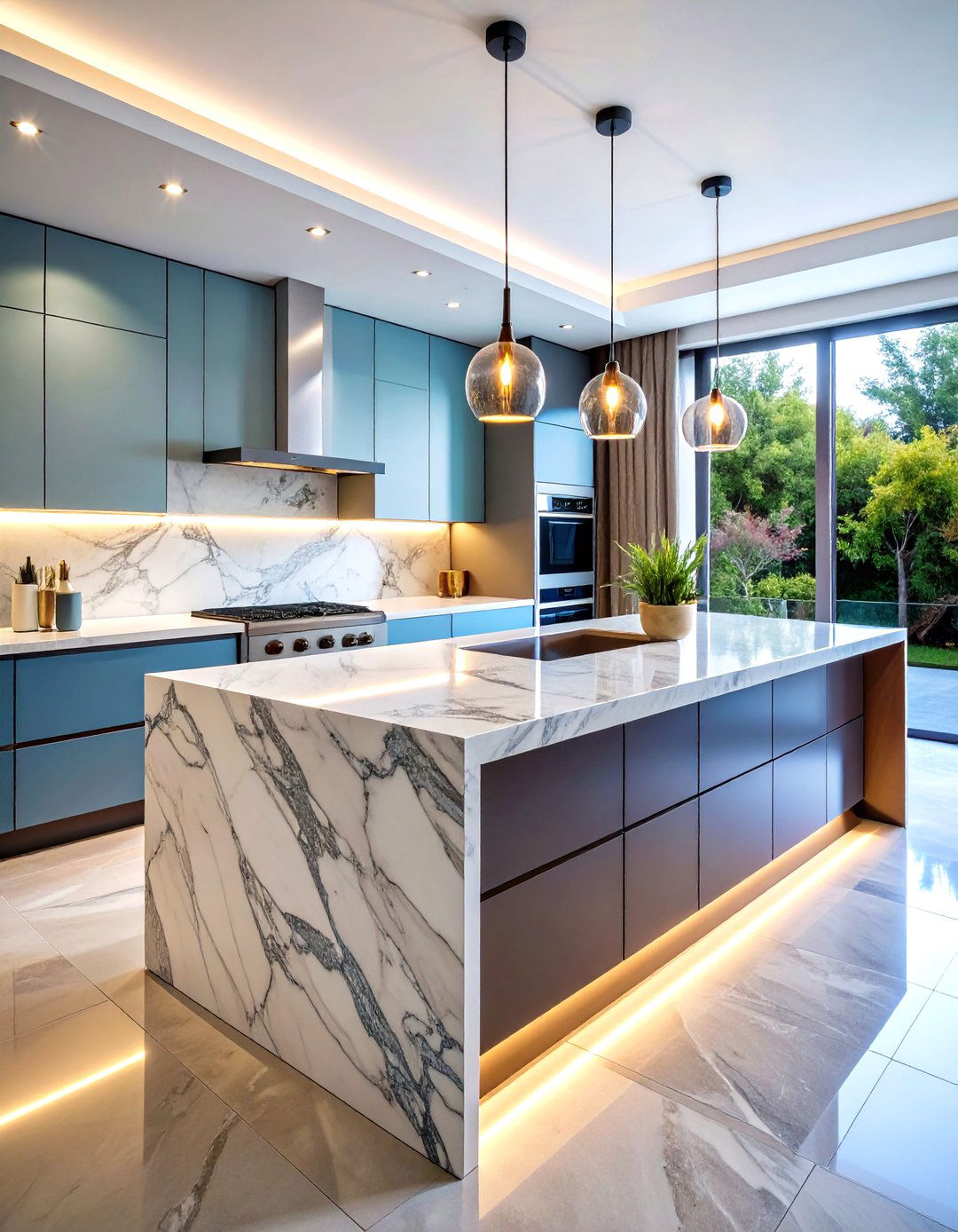 Waterfall Edge Marble Kitchen Island - 20 Marble Kitchen Island Ideas