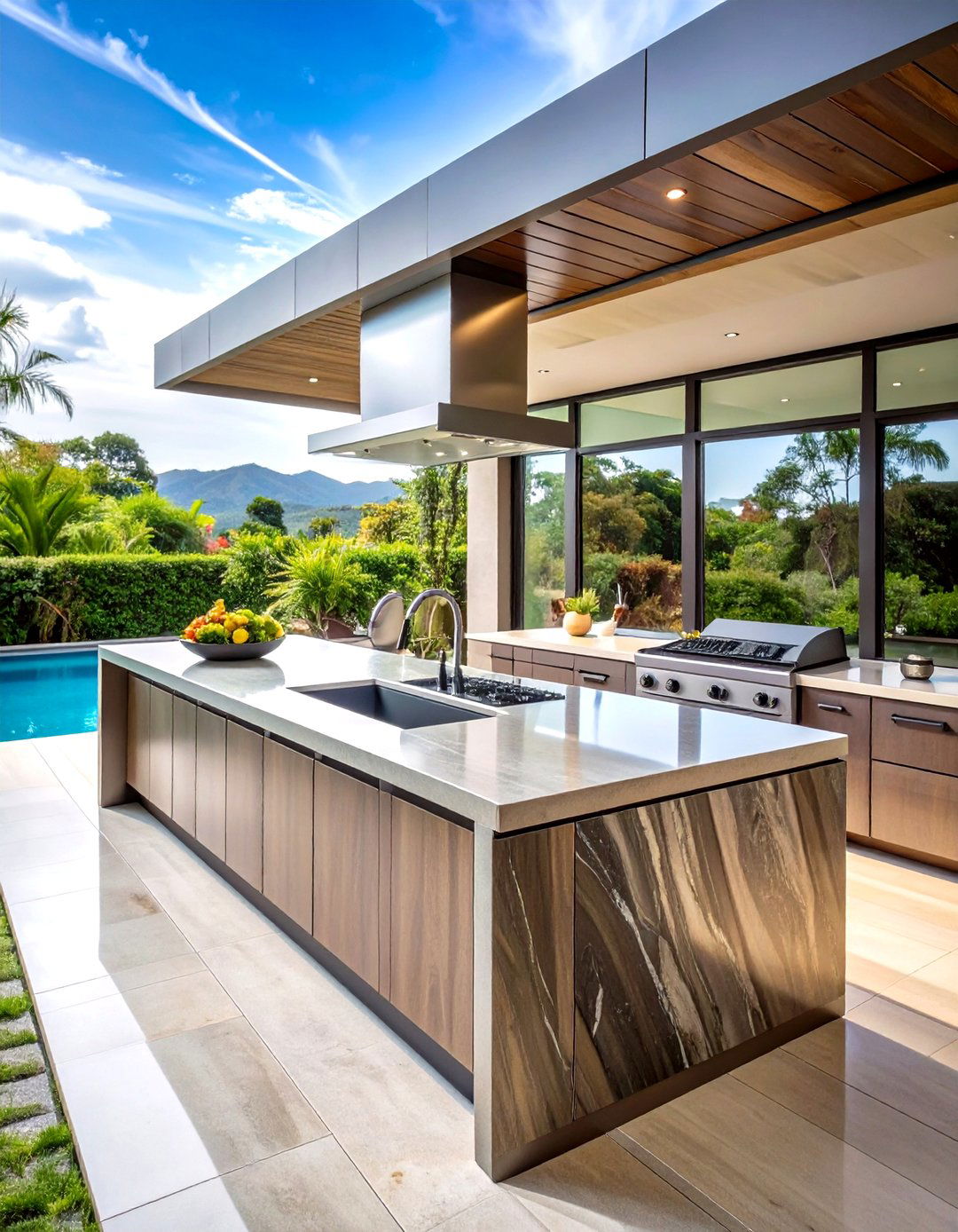 Waterfall Edge Outdoor Kitchen Countertop for Contemporary Drama - 20 Outdoor Kitchen Countertop Ideas