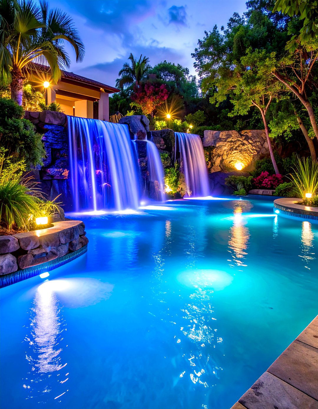 Waterfall and Fountain Pool Lighting Features - 20 Pool Lighting Ideas