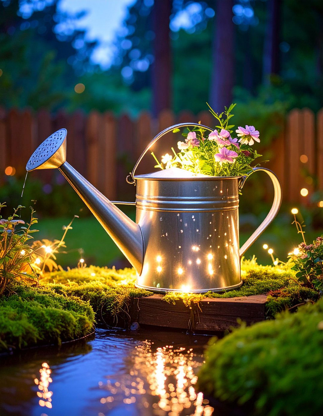 Watering Can Fairy Garden Container Sparkling Pouring Lights - 20 Fairy Garden Container Ideas